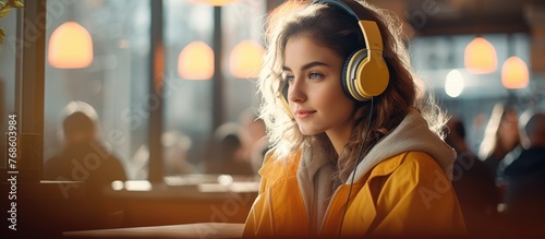 A woman is sitting at a table, wearing headphones and listening to an audiobook in a cafe. She appears engaged with the content as she sits in closeup. photo