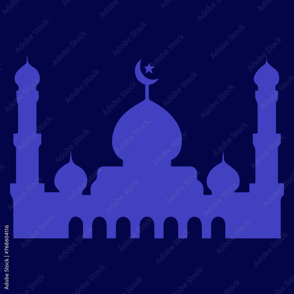 Illustration depicting a mosque on a blue background in honor of the holy Muslim holiday of Ramadan. Eid Mubarak
