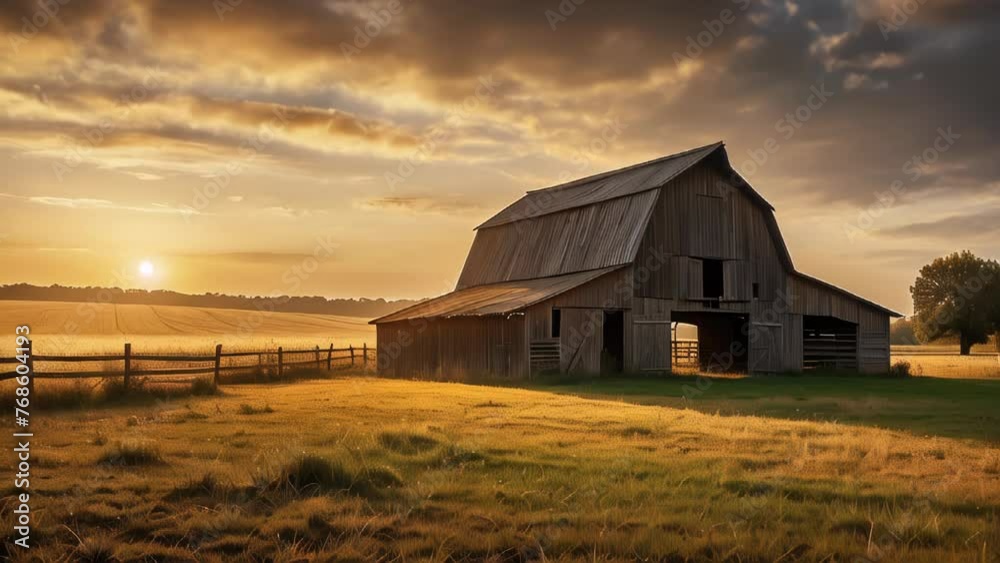 Idyllic rural scene at sunset with a barn, capturing nature and serenity. Idyllic rural scene at sunset with a barn, capturing nature and serenity.