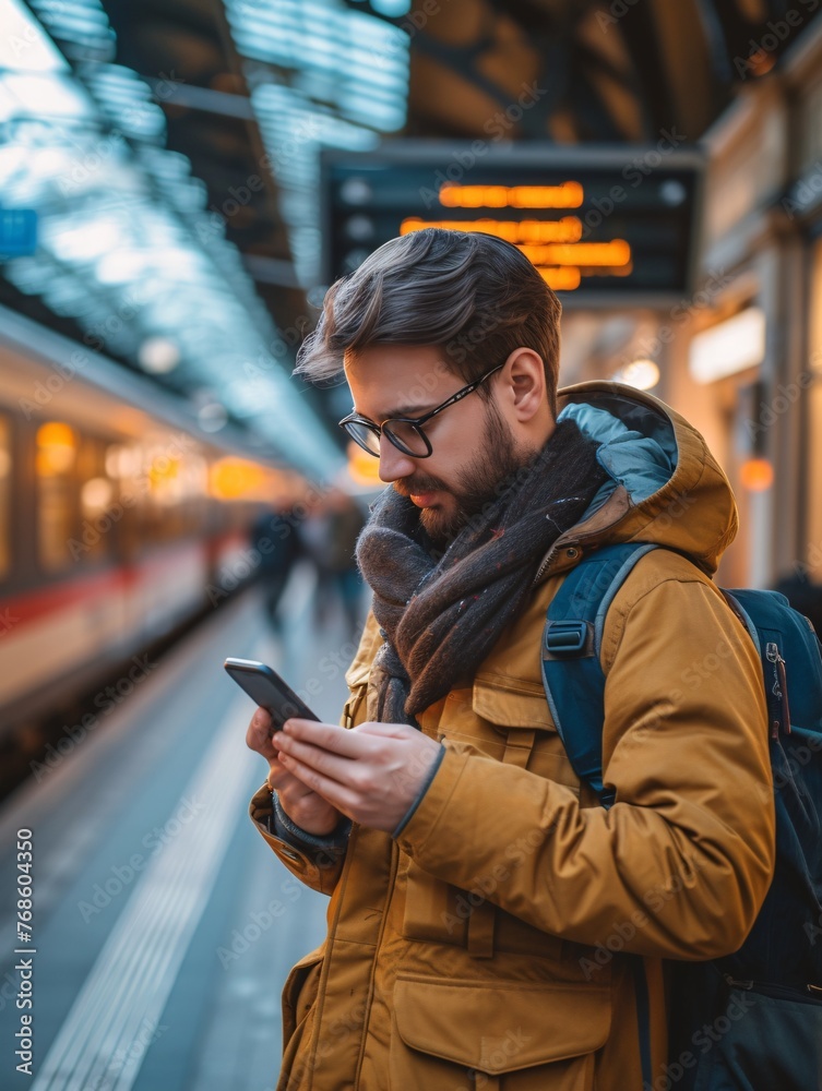A man using a mobile app on his cellphone during a train station trip for work. A man using a mobile app on his cellphone during a train station trip for work.