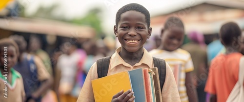 Happy young African boy standing in the school yard, holding books and smiling at camera with crowd of children behind him. photo