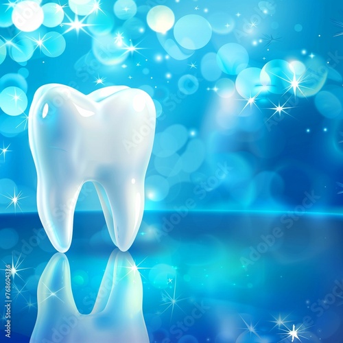 Blue background with detailed realistic 3d firuga illustration of a white tooth. Advertising dental banner without text.