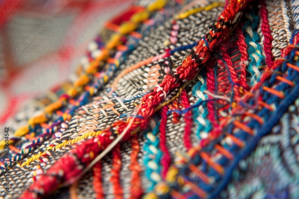 closeup of a multicolored basting seam on patterned fabric closeup of a multicolored basting seam on patterned fabric