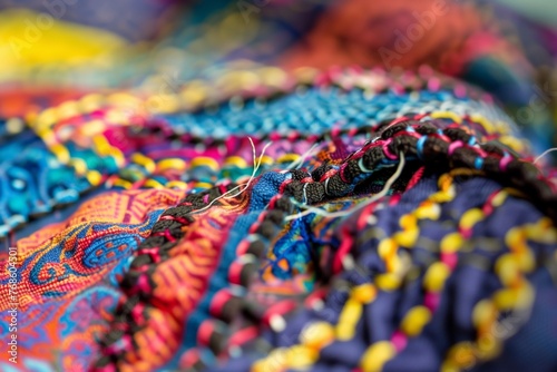 closeup of a multicolored basting seam on patterned fabric