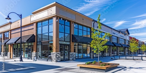 Newly constructed retail and business building with awning, currently offering space for purchase or rental in a combined storefront and office setting.