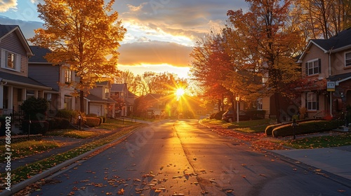 Peaceful residential road lined with homes and amber foliage during dusk. photo