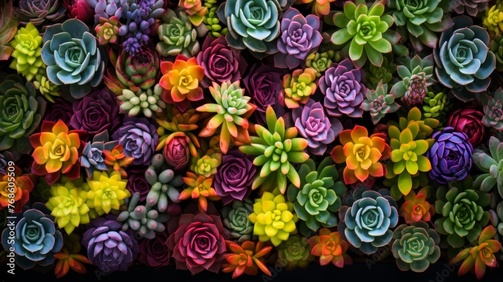 Close up top view of vibrant succulent plants creating a colorful macro texture background Close up top view of vibrant succulent plants creating a colorful macro texture background