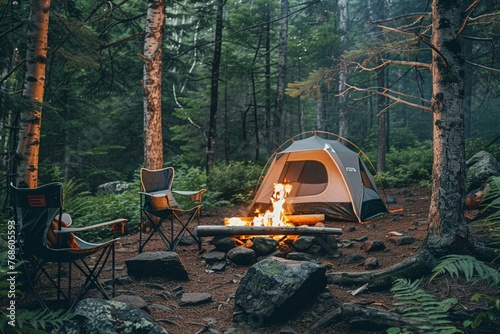 the campfire in the woods with tent around it and a chair