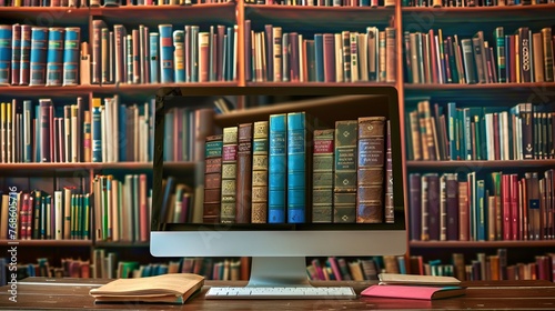 Inside a computer, a digital library houses a vast collection of books, signifying the limitless reach of online learning