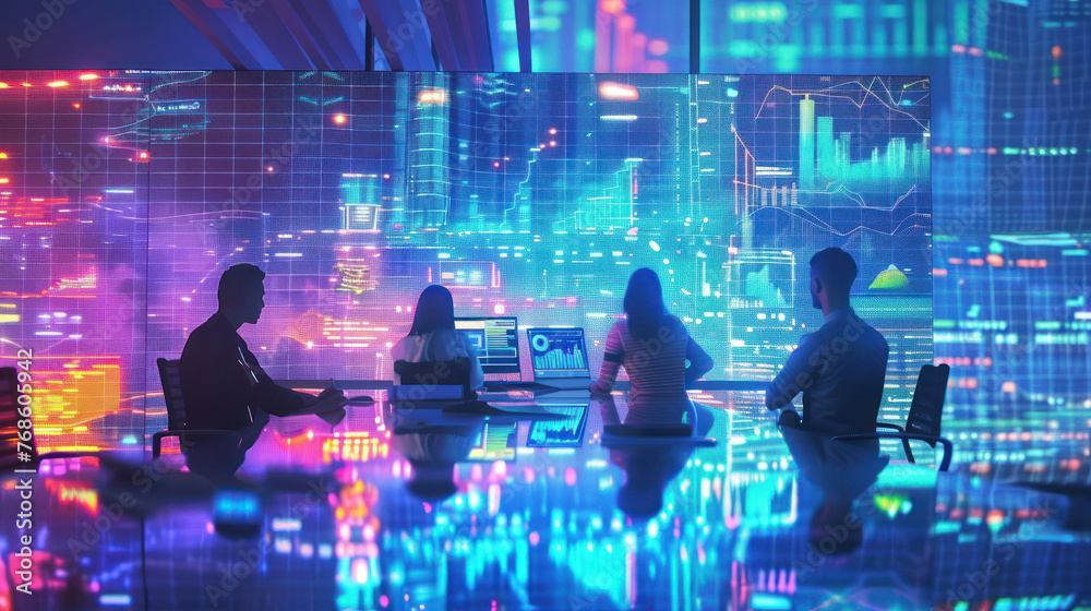 A focused group of professionals working on data analysis in a neon-lit futuristic technology room