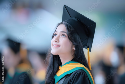 Side view of Malay student in graduation uniform, optimistic future