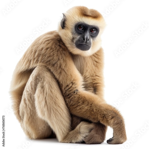 Gibbon in natural pose isolated on white background, photo realistic