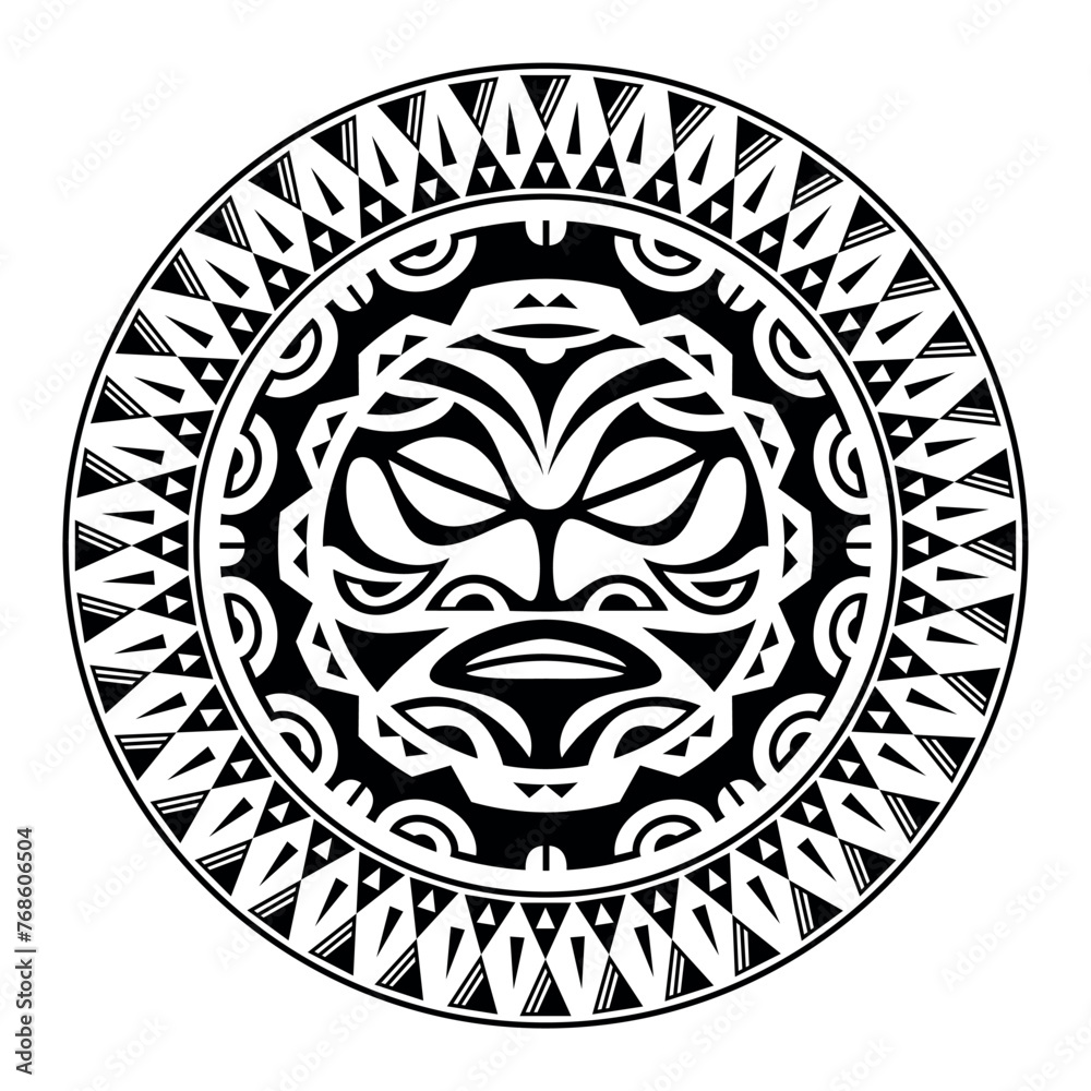 Round tattoo ornament with sun face maori style. African, aztecs or mayan ethnic mask. Black and white. Round tattoo ornament with sun face maori style. African, aztecs or mayan ethnic mask. Black and white.