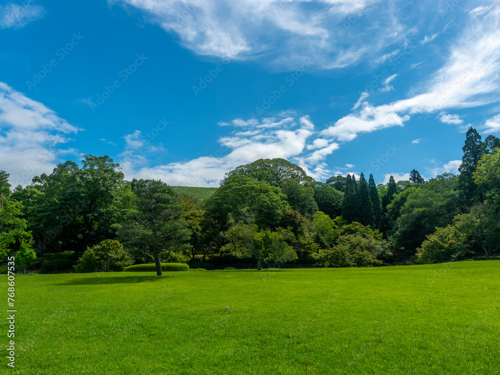 鮮やかな新緑の芝が広がる奈良公園の庭園