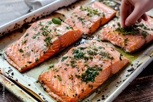 person pulling out a tray of baked salmon fillets, herbs on top