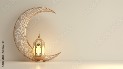 3d rendering of white and golden crescent moon with lantern, white background with copy space