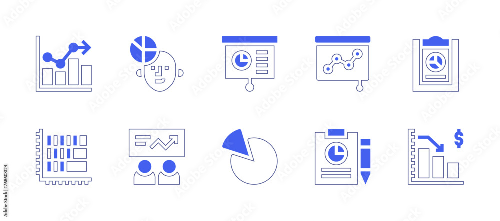 Statistics icon set. Duotone style line stroke and bold. Vector illustration. Containing statistics, research, bar chart, pie chart, presentation, training, analytics, growth.