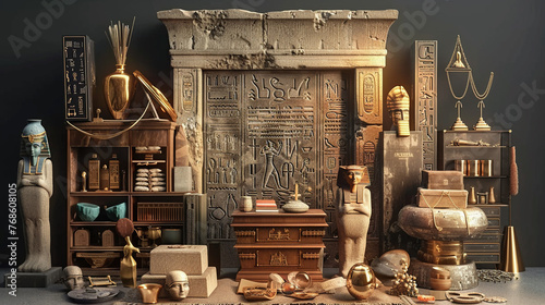 Ancient artifacts display, historical treasures, 3D vector,