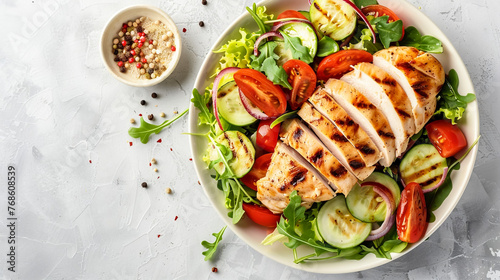 A plate of grilled chicken salad with tomatoes and cucumbers photo