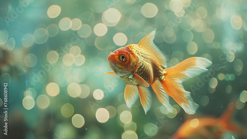 Goldfish swimming in a fish tank with bokeh background