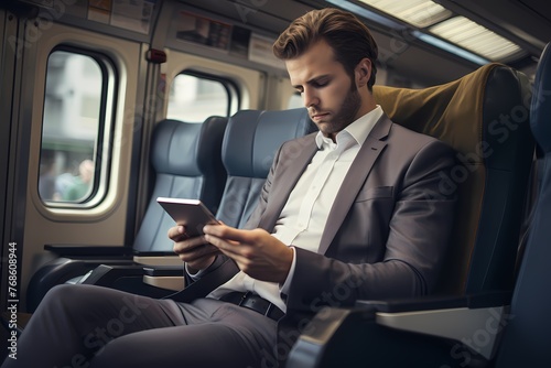 A businessman using a tablet to monitor stock market activity while traveling on a train © stocks marketing
