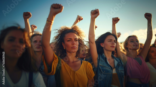 Group of women with fists raised up, symbolising women's empowerment