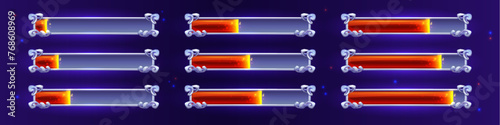 Progress bar loading steps with flourish decorated metal frame with red neon glowing linear loader for game ui design. Cartoon vector illustration set for download meter indicator animation.