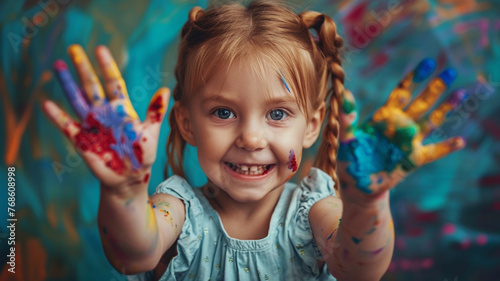 happy child girl shows hands dirty with paint