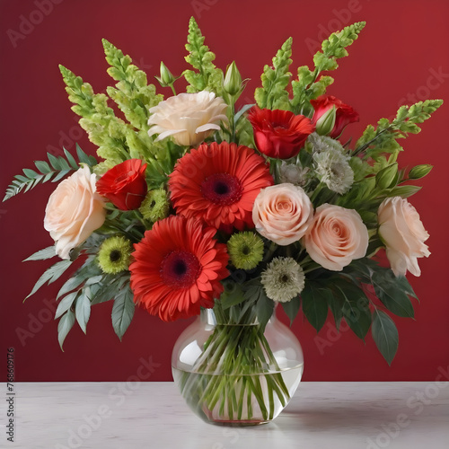 beautiful gorgeous bouquet of flowers in a vase on a red background