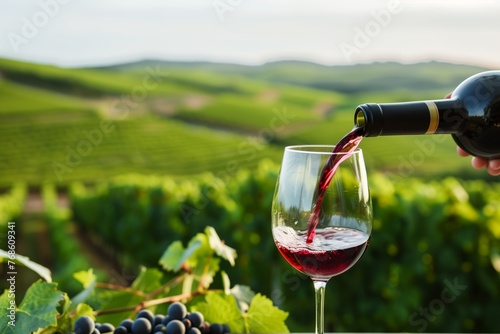 person pouring red wine into glass with vineyard backdrop