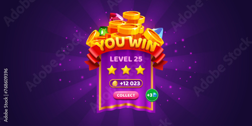 Ui game or level win popup button banner. Winner badge design for trophy. Victory interface template in tournament or competition with gold coin on purple background. 2d bonus or event complete result photo