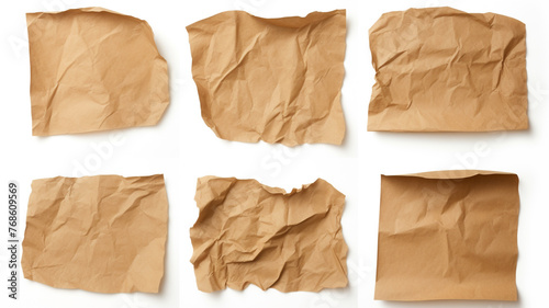 Set of crumpled blank brown paper isolated on white background © Yuwarin