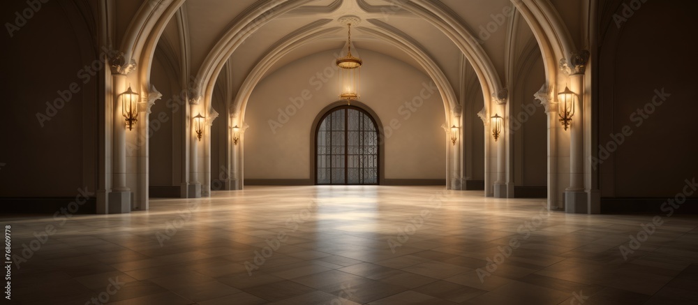 An empty room with a large arched doorway stands empty, its marble-tiled floor reflecting the light from a burning lamp in the ceiling. The walls are neat and bare, highlighting the grand entrance.