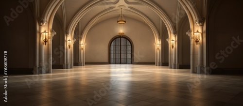 An empty room with a large arched doorway stands empty  its marble-tiled floor reflecting the light from a burning lamp in the ceiling. The walls are neat and bare  highlighting the grand entrance.