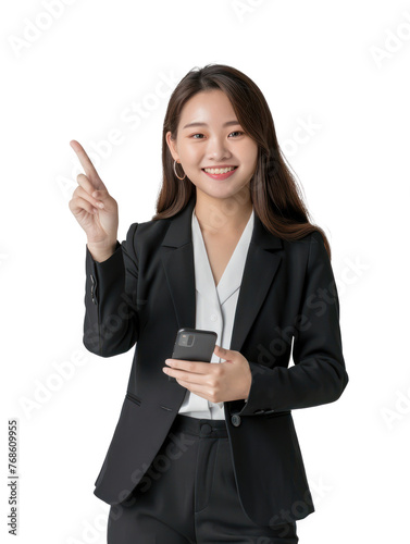 full portrait, panoramic view, Asian real estate agent, left index finger pointing forward, right hand holding a mobile phone on transparency background PNG 