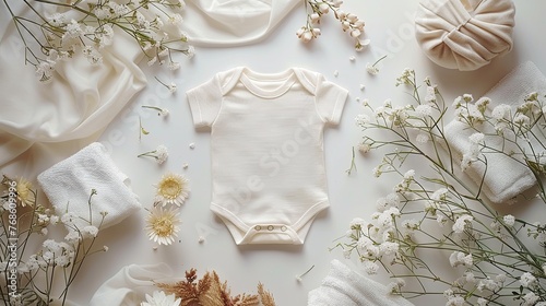 A minimalist top view mockup with essential newborn accessories.  photo