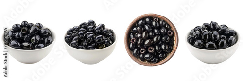 Set of a black pitted olives in a wide bowl on a transparent background