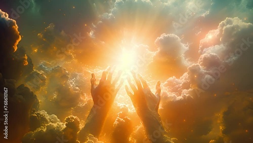 Hands of god or Jesus Christ in the clouds. Human hands open palm up worship. Eucharist Therapy Bless God Helping Repent Catholic Easter Lent Mind Pray. Christian Religion concept background. fighting photo
