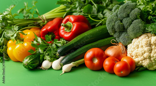 Pile of organic farm grown ripe vegetables on green background.