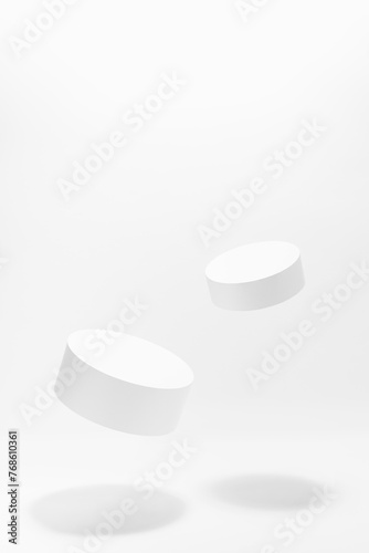 Abstract white scene mockup - two round tilt white cylinder podiums, soar in hard light, shadow. Template for presentation cosmetic products, goods, advertising, design, showing in spring style.