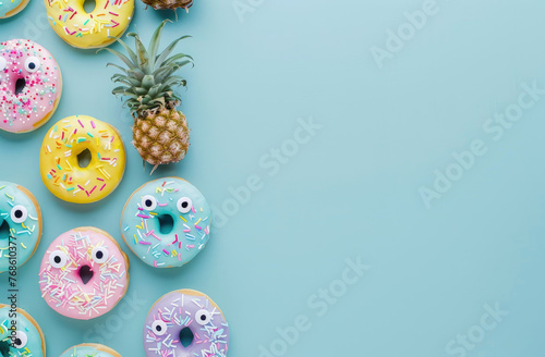 A photo of pastel donuts with colorful sprinkles and pineapple designs on top, arranged in an orderly pattern against a light blue background