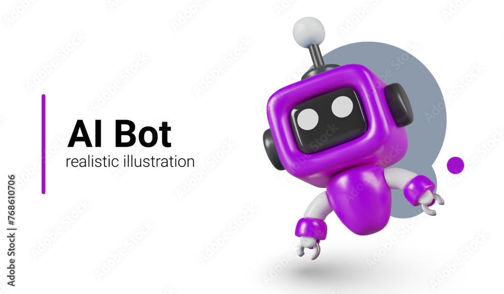 AI robot. Funny little purple droid in cartoon style. Mini assistant AI robot. Funny little purple droid in cartoon style. Mini assistant