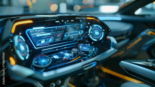 A mockup of a hightech dashboard with a futuristic design featuring holographic displays and touchsensitive controls for all vehicle functions. photo