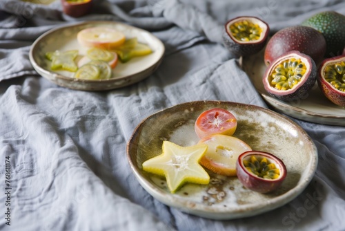 ceramic plates with sliced starfruit and passionfruit on a clothcovered brunch table photo
