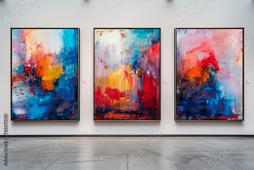Vibrant Abstract Art Exhibition on Gallery Wall Colorful Paintings Display