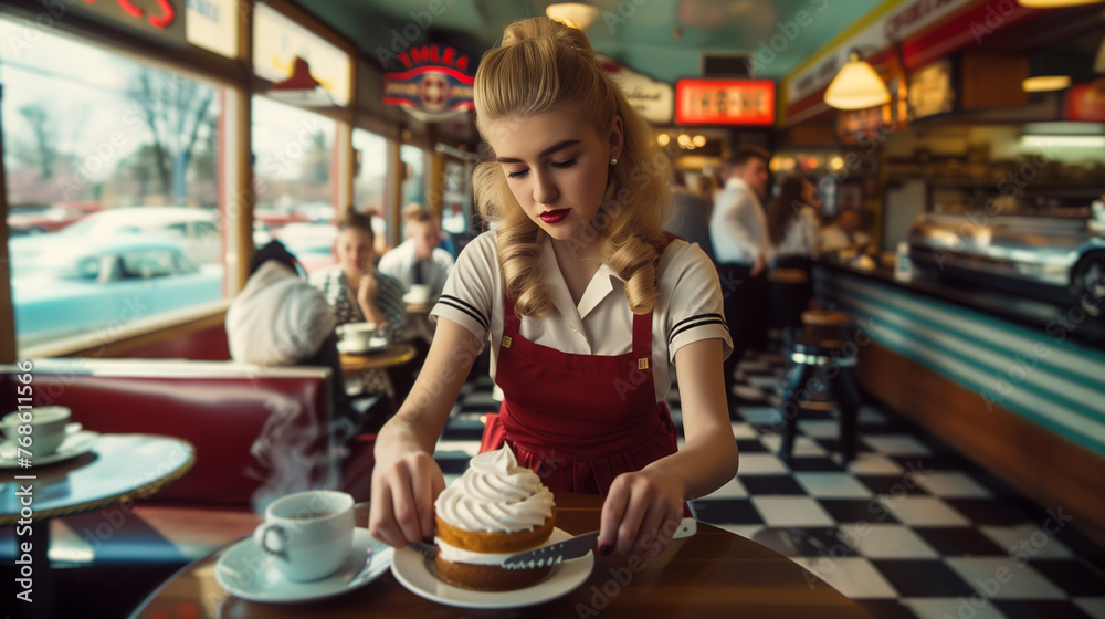 Inside a 1950s Americana diner, a waitress in uniform serves cake beside a coffee cup, with patrons and classic cars visible outside. Inside a 1950s Americana diner, a waitress in uniform serves cake beside a coffee cup, with patrons and classic cars visible outside.