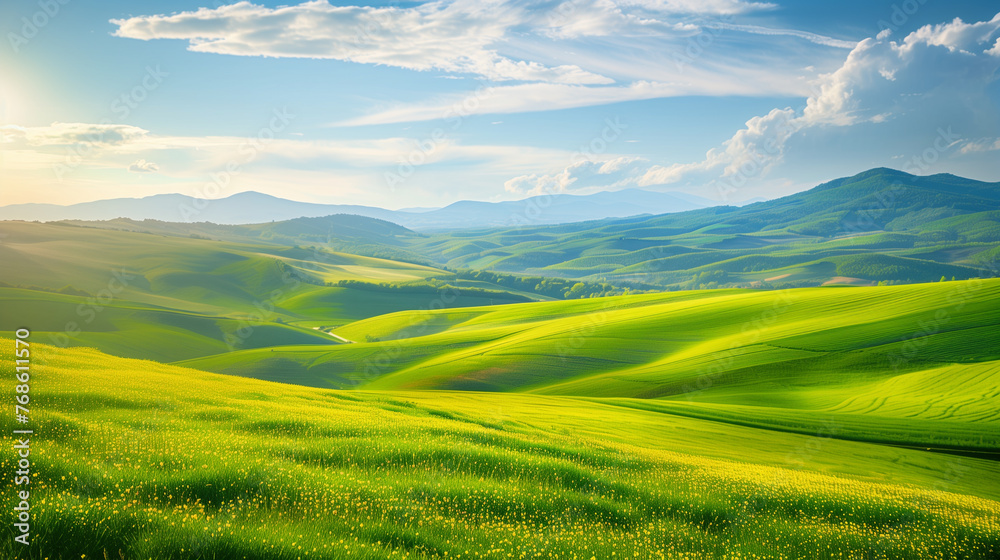 countryside landscape with rolling hills, lush green fields