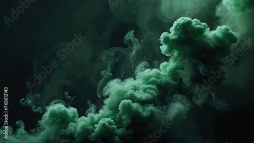 Green and black smoke mist clouds background. Beautiful dark smokey wallpaper. Abstract misty header design concept.