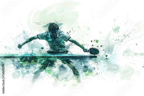 Green watercolor painting of table tennis player in action on match