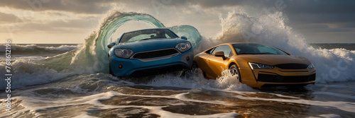 Cars swept away by the wave. Drowned car after a flood or tsunami. © Sahaidachnyi Roman